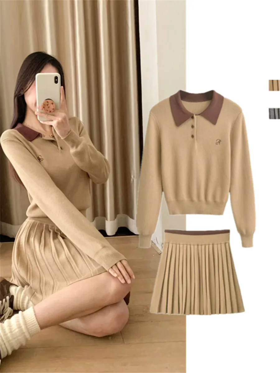 

American Retro College Sle Color Blo Knitted Set Collar Embroidery Slim Fit Sweater Wrap around Skirt