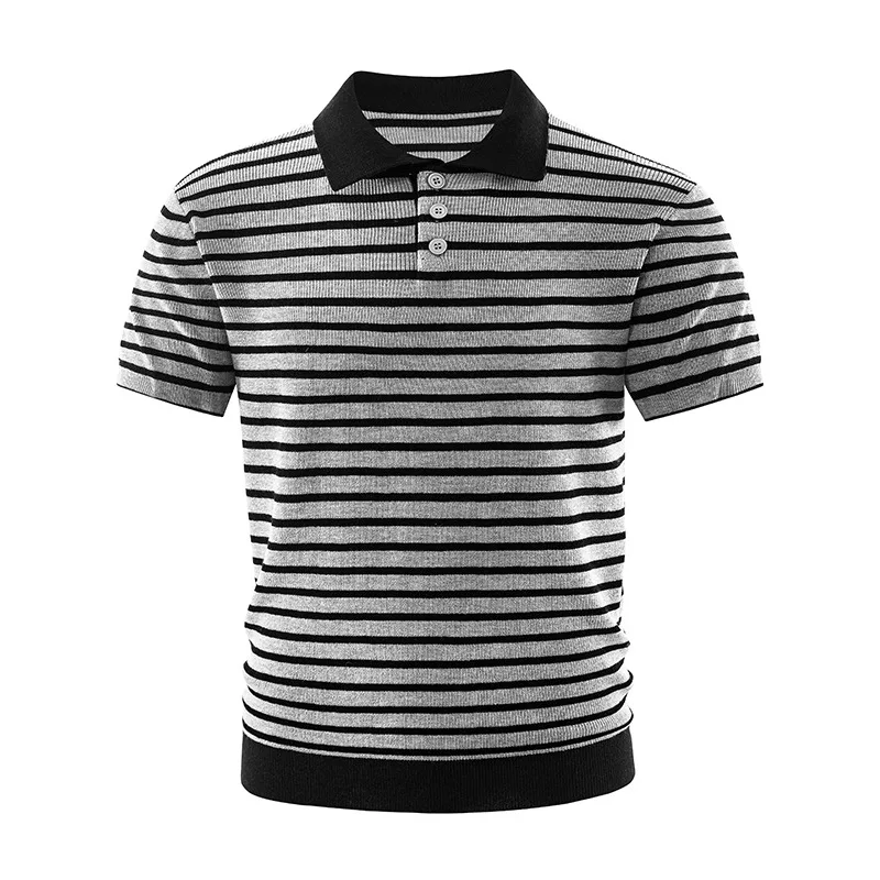 

Men's Striped Knit Polo Shirt Contrast Collar & Hem Button Placket Casual Breathable Top