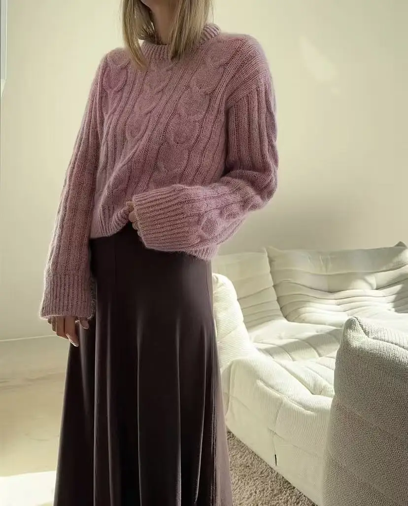 Suéter de cuello redondo tejido a mano con textura pesada y artesanía, suéter suelto, lana casual esponjosa, suéter de mohair, nuevo estilo
