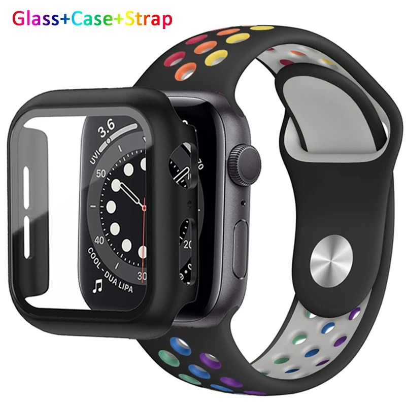 

Glass Case Strap 3 in 1 For Apple Watch band 44mm 40mm 45mm 41mm 38mm 42mm Silicone watchband bracelet iWatch serie 3 4 5 6 se 7