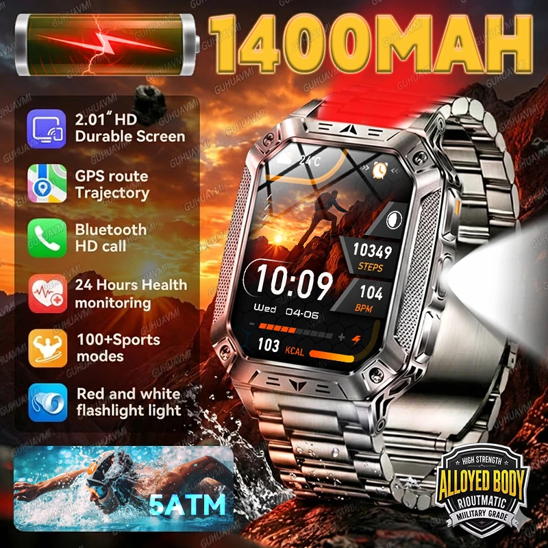 

Новые уличные военные смарт-часы 2026 года для мужчин, аккумулятор 1400 мАч, светодиодный фонарик, водонепроницаемые, с измерением пульса, спортивные, с функцией звонков по Bluetooth
