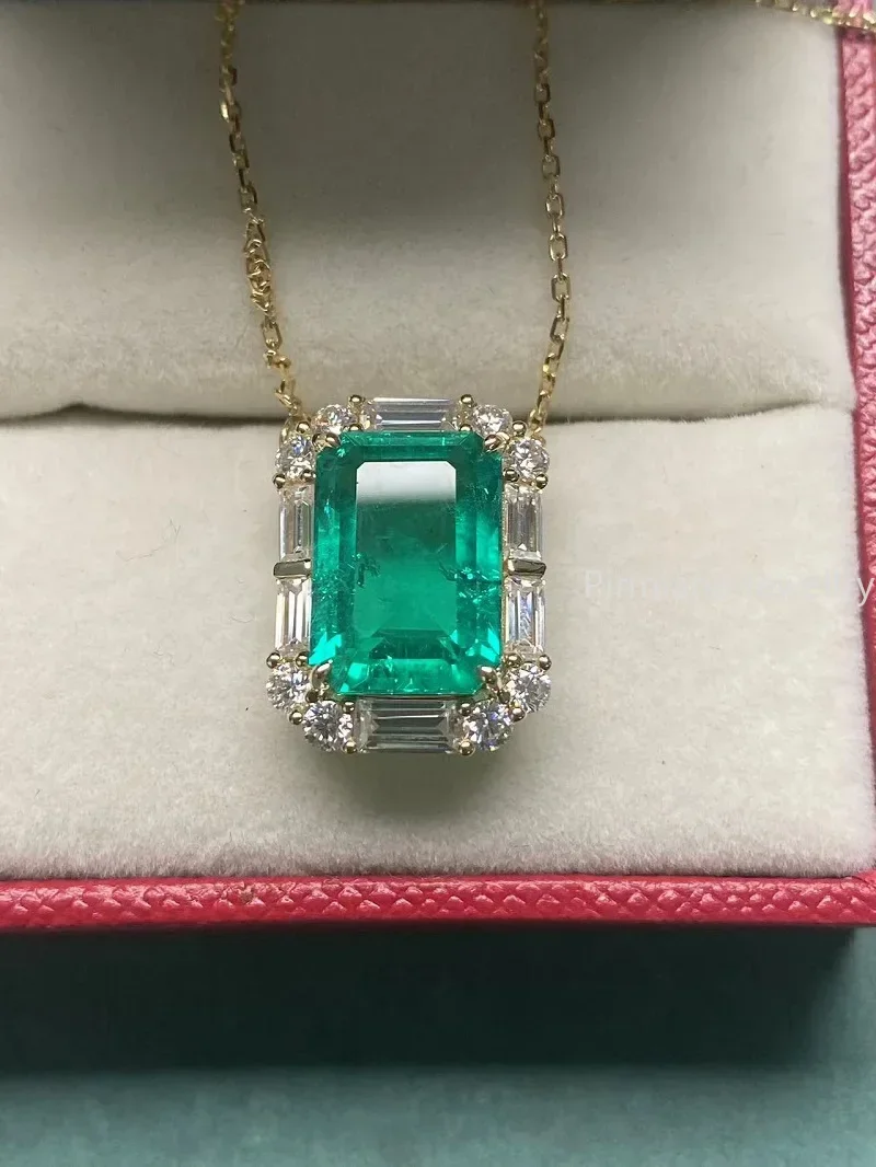 Pirmiana Customized 9k Gold 4.9ct Lab Grown Emerald Pendant Necklace Side D Moissanite Women  Jewelry