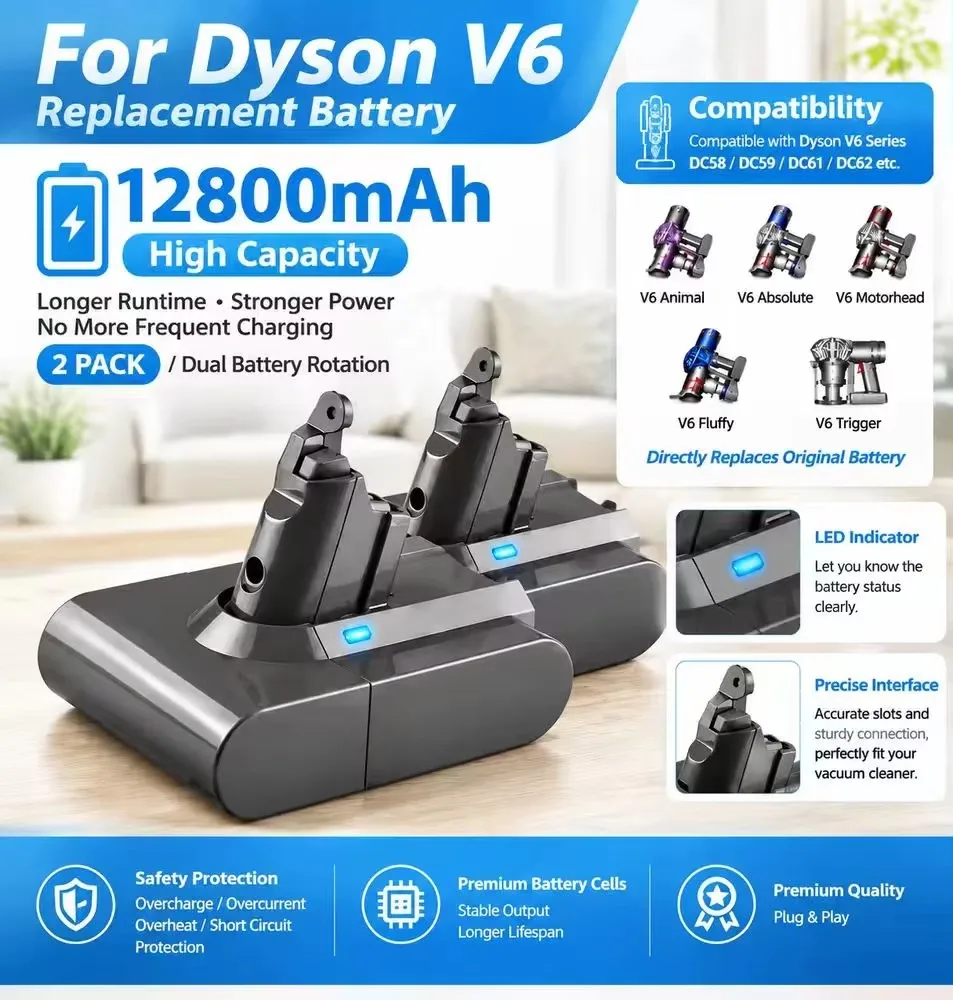 Batteria di ricambio ricaricabile agli ioni di litio da 21,6 V e 12800 mAh per aspirapolvere senza fili Dyson V6, compatibile con i modelli DC58, DC59, DC62, DC74, SV07, SV09, pacco di ricambio