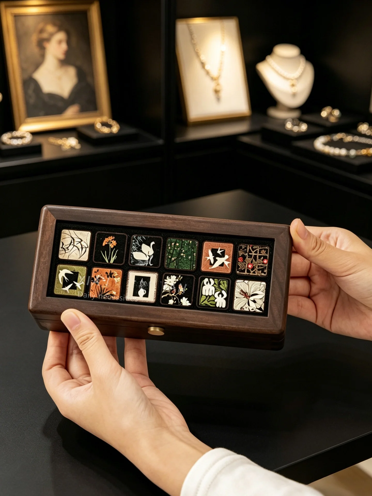 High End Pearl Necklace Storage Box Rectangular Wooden Chest Antioxidant Black Walnut Luxury Jewelry Case Handmade Vintage