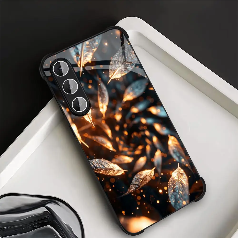 Glowing golden leaf spiral Exquisite HD glass phone case for Samsung Galaxy S26 S25 S24 S23 S22 FE,Ultra,Plus Dropresistant
