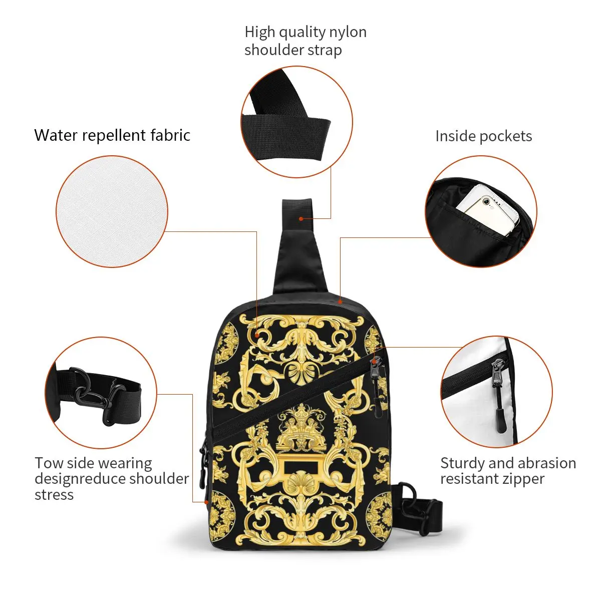 Baroque Prints Greek Ornament GoldenMeander Meandros VINTAGE Crossbody Sling Backpack Custom Shoulder Chest Bag Hiking Daypack