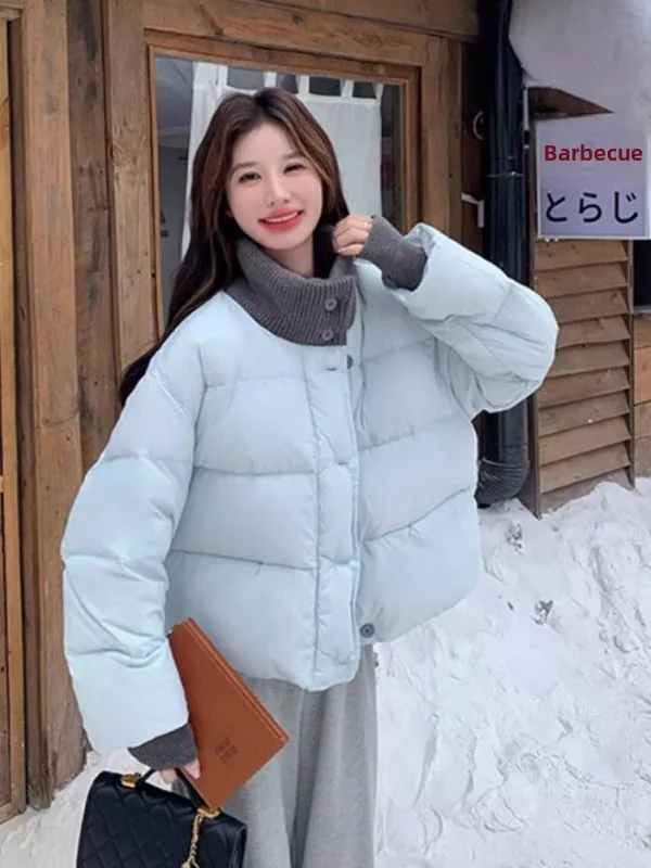 

Korean Style Loose Fit Thickened Short Cotton Jacket Women's Bread Style Coat Stand Collar Color Block Design Winter Outerwear