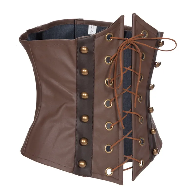 Brown PU Leather Tying Rope Steel Boning Underbust Corset Lace Up Bustier Steampunk Corset Sexy Vintage Women Bustier Top Summer