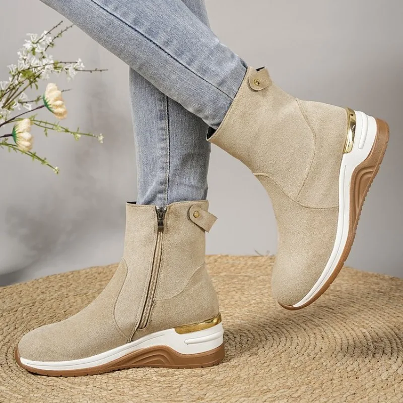 Women's Ankle Boots Round Toe Wedge Heel Suede-Look Texture Side Zipper Metallic-Look Trim Casual Footwear Stable Design Choice