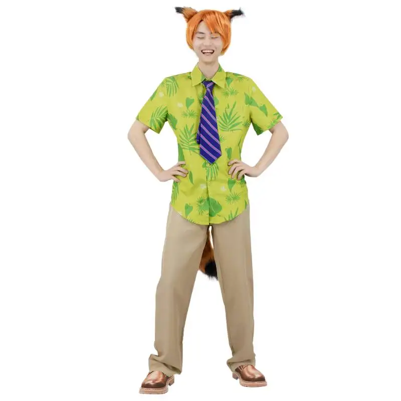 WENAM  Fox Nick Wilde Cosplay Shirt With Tie Green Printed T-Shirt Hawaiian Floral Shirts Cosplay or Casual Holiday Beach Shirts