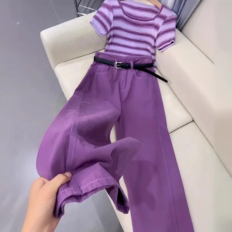 

Женский комплект модных широких брюк, фиолетовый топ, повседневный летний осенний костюм из двух предметов, элитный костюм в стиле клитина