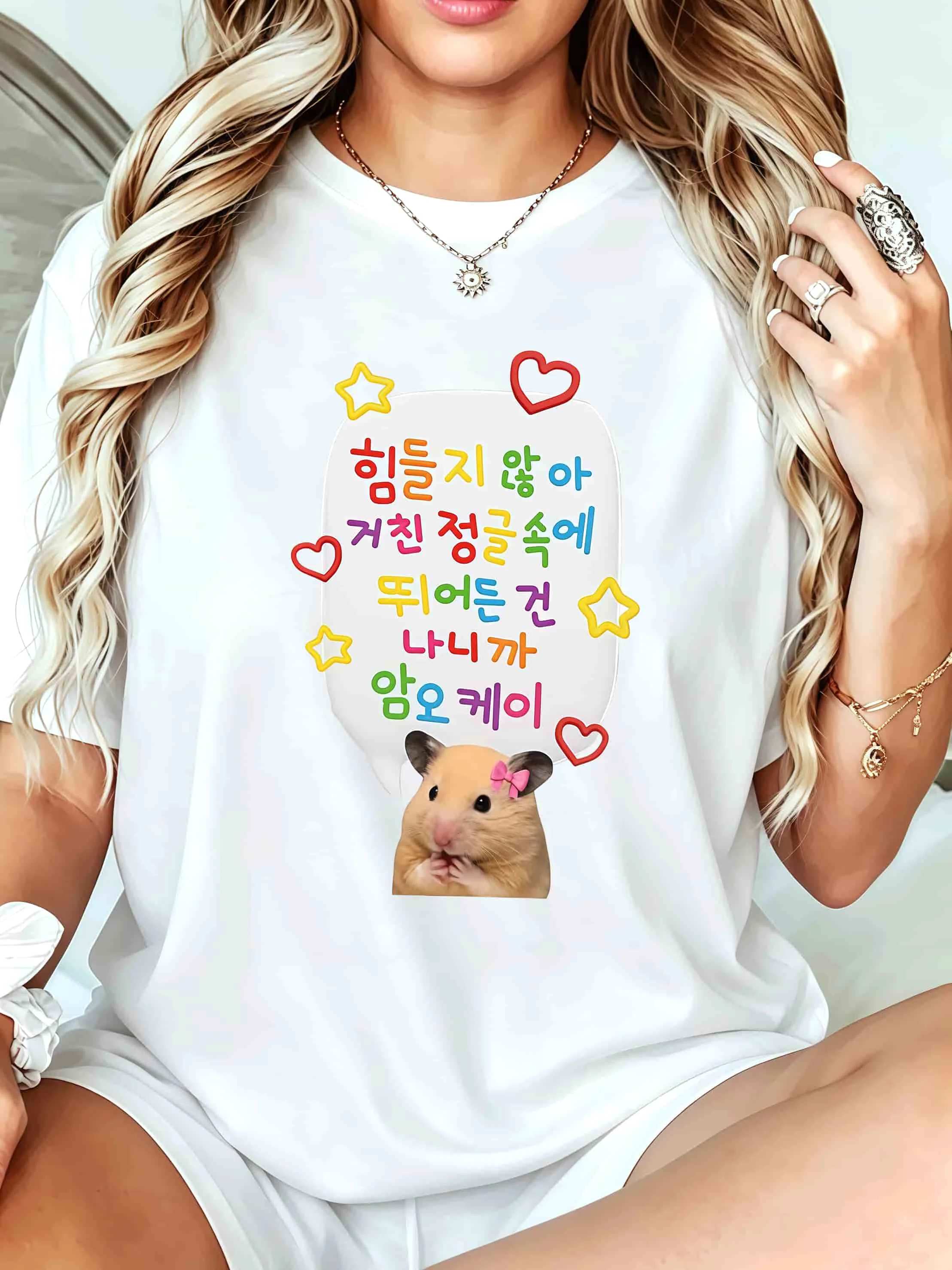 Cute Hamster With Korean Text Hearts Stars Art Print Graphic Womens T Shirt Short Sleeve Crew Neck Casual Ladies Tee Tops