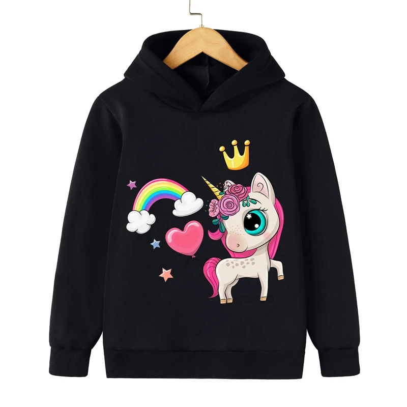 New Fashion Hoodies Cute Rainbow Crown Unicorn Print Hooded for Boys Girls Long Sleeve Pullover Cartoon Anime Unicorn Sweatshirt