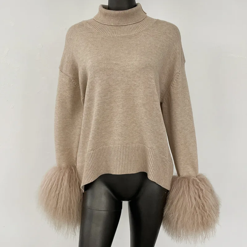 HUISONG ファッションプルオーバー女性ニットコート女性羊の毛皮ニットコート女性モンゴル羊の毛皮暖かいセーター秋冬