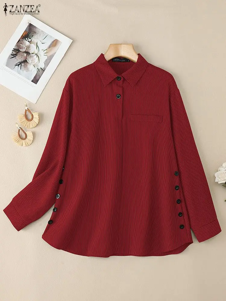 

ZANZEA Women's Red Striped Shirts Casual Loose Turn Down Collar Long Sleeve Polos Shirt 2025 Autumn Oversize Long Tops S-3XL