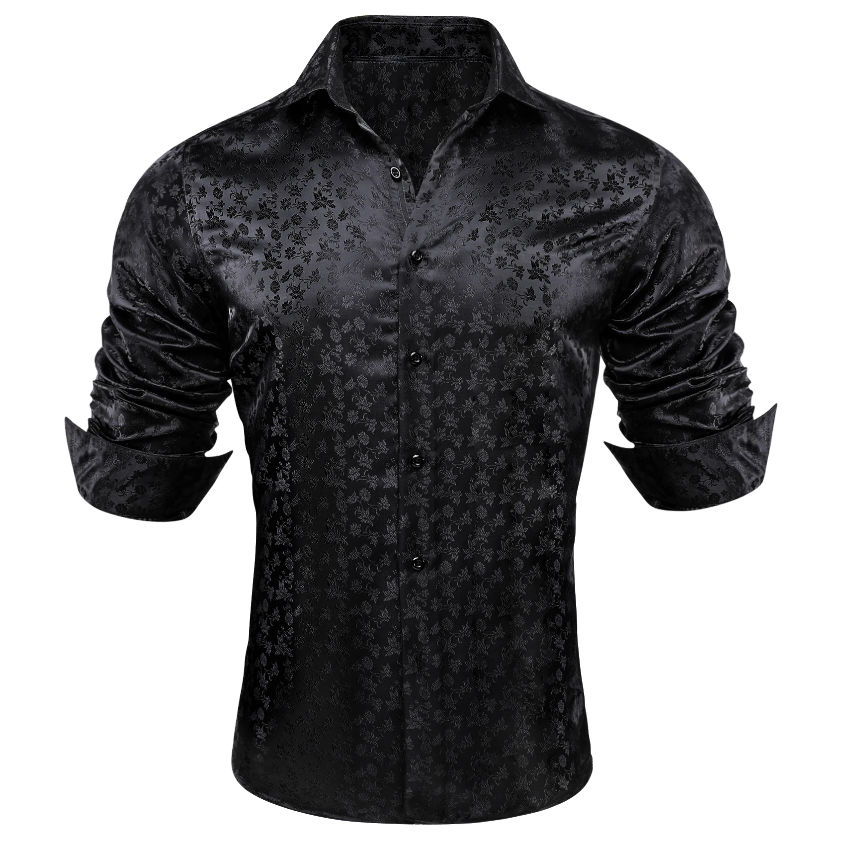 Barry Wang Mens Shirts Black Floral Silk Embroidered Long Sleeve Slim Causal Turn Down Breathable Colorfast Men Clothing Tops