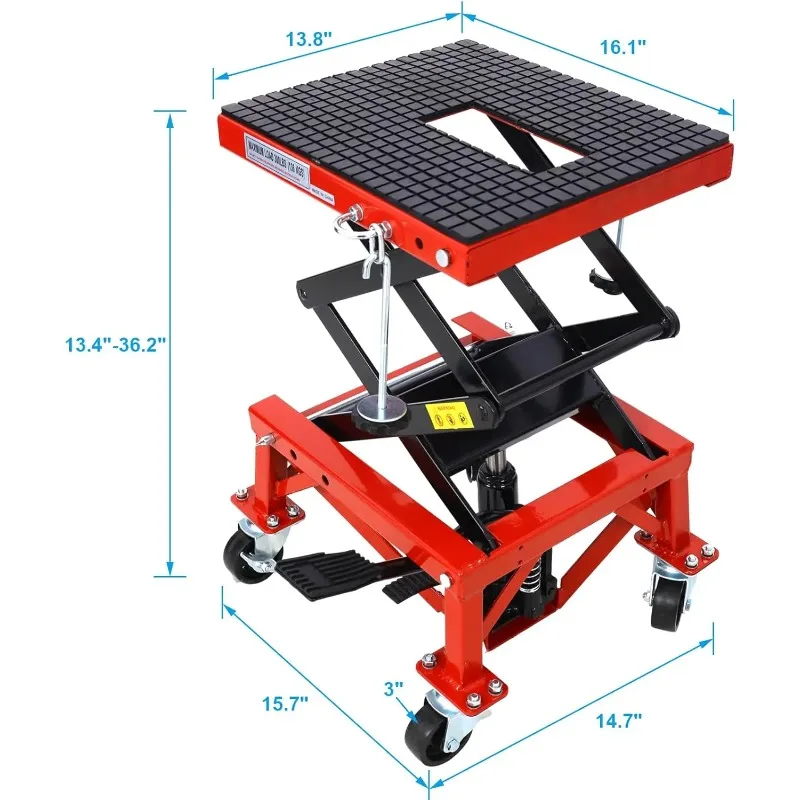 300 lbs Hydraulic Motorcycle Scissor Jack Lift, Small Dirt Bikes ATV Lift Hoist Hydraulic Foot-Operated Stand Lift, 4 Wheels, Re