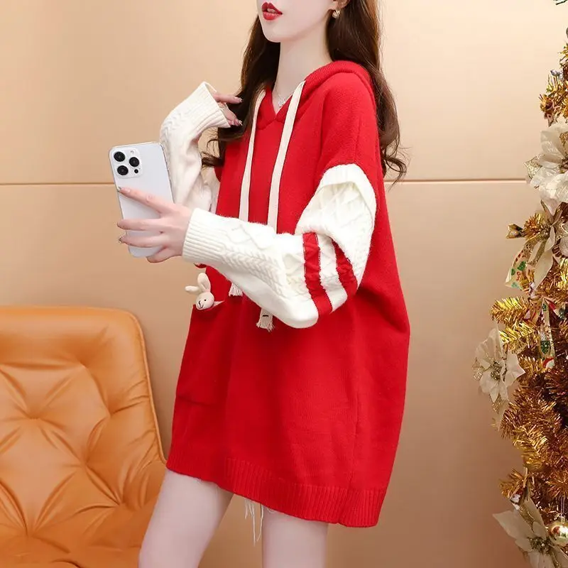 #3827 Red Beige Hooded Sweater Women Cartoon Rabbit False Two Piece Sweater Female Batwing Sleeve Knitwear Pullover Pockets 