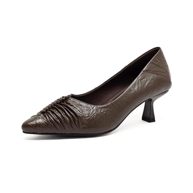 Women High Heel Shoes Spring Summer Pointed Toe Pumps Ladies Slip On Shallow Thin Heels Pleated Design Commuting Shoes