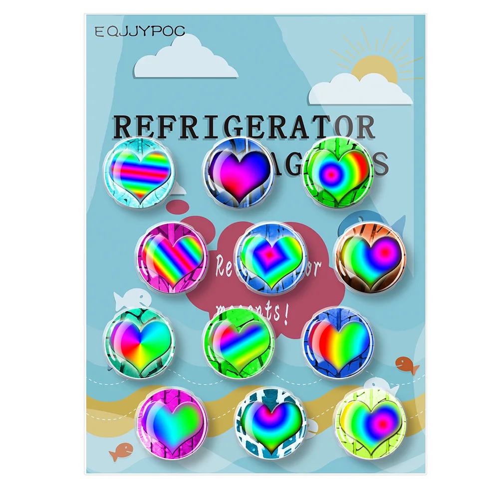 

Colorful Heart Refrigerator Magnets Round Magnet Decorative Stickers Children Like Home Gifts 12Pcs 30mm