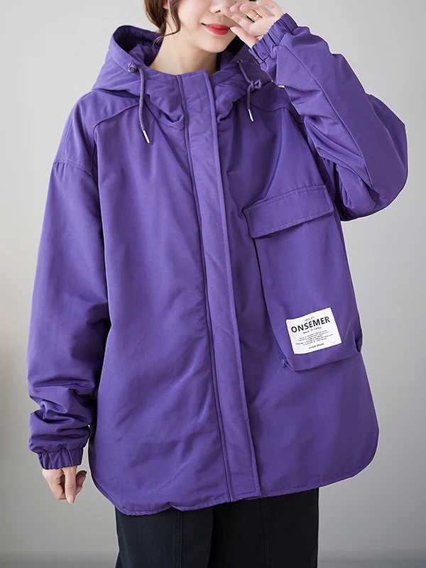 

ort Cotton Jaet with Long kets Hooded Thin Workwear Sle Women's Faionable Autumn Coat Thiened Zipper Closure Pur...