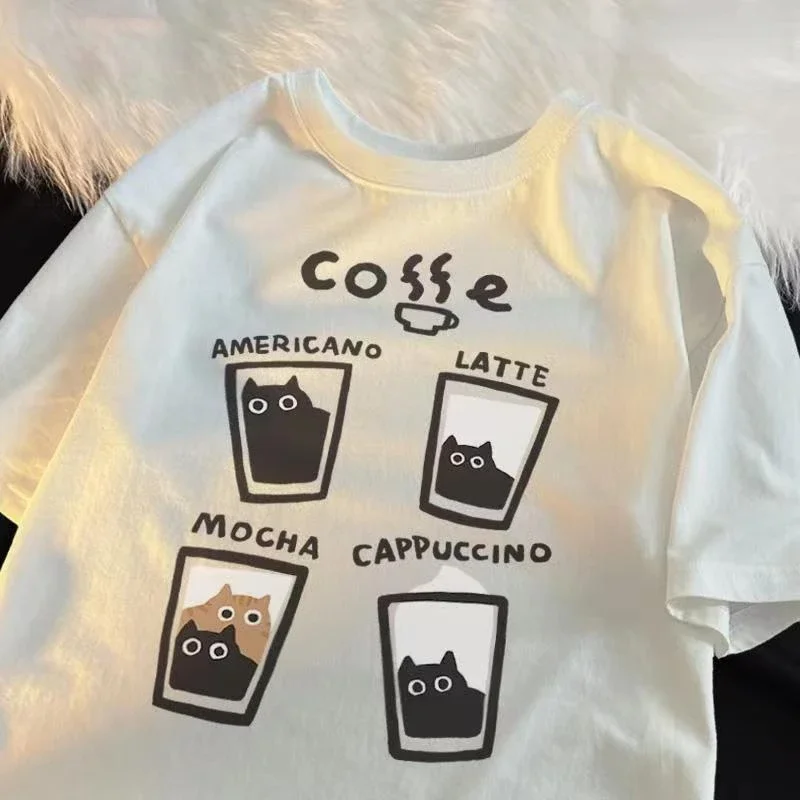 Men and Women Vintage Cat Coffee Pattern T-Shirt Short Sleeve Cotton Round Neck Loose Versatile Half Sleeve Ins Summer