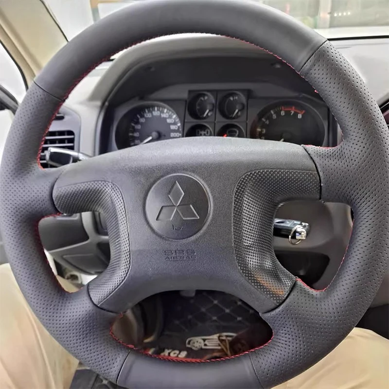For Mitsubishi Pajero V73 V77 2004-2010 Hand-Stitched Black Genuine Leather Carbon Fibre Car Steering Wheel Cover
