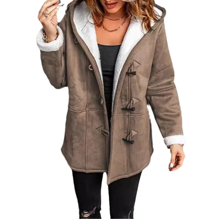 Coats Women Wool Thick Hooded Coat Pockets Single Breasted Full Sleeve Splice Jackets Warm Casual Blend