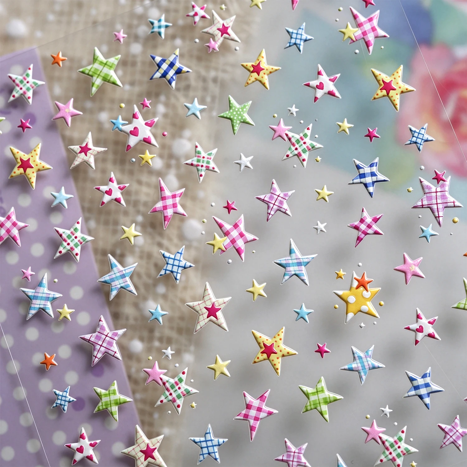 1Pcs Y2K Colorful Plaid Star Nail Stickers Macaron Mixed 5D Grids Heart Adhesive Nail Decals For DIY Sweet Manicure Nail Sliders
