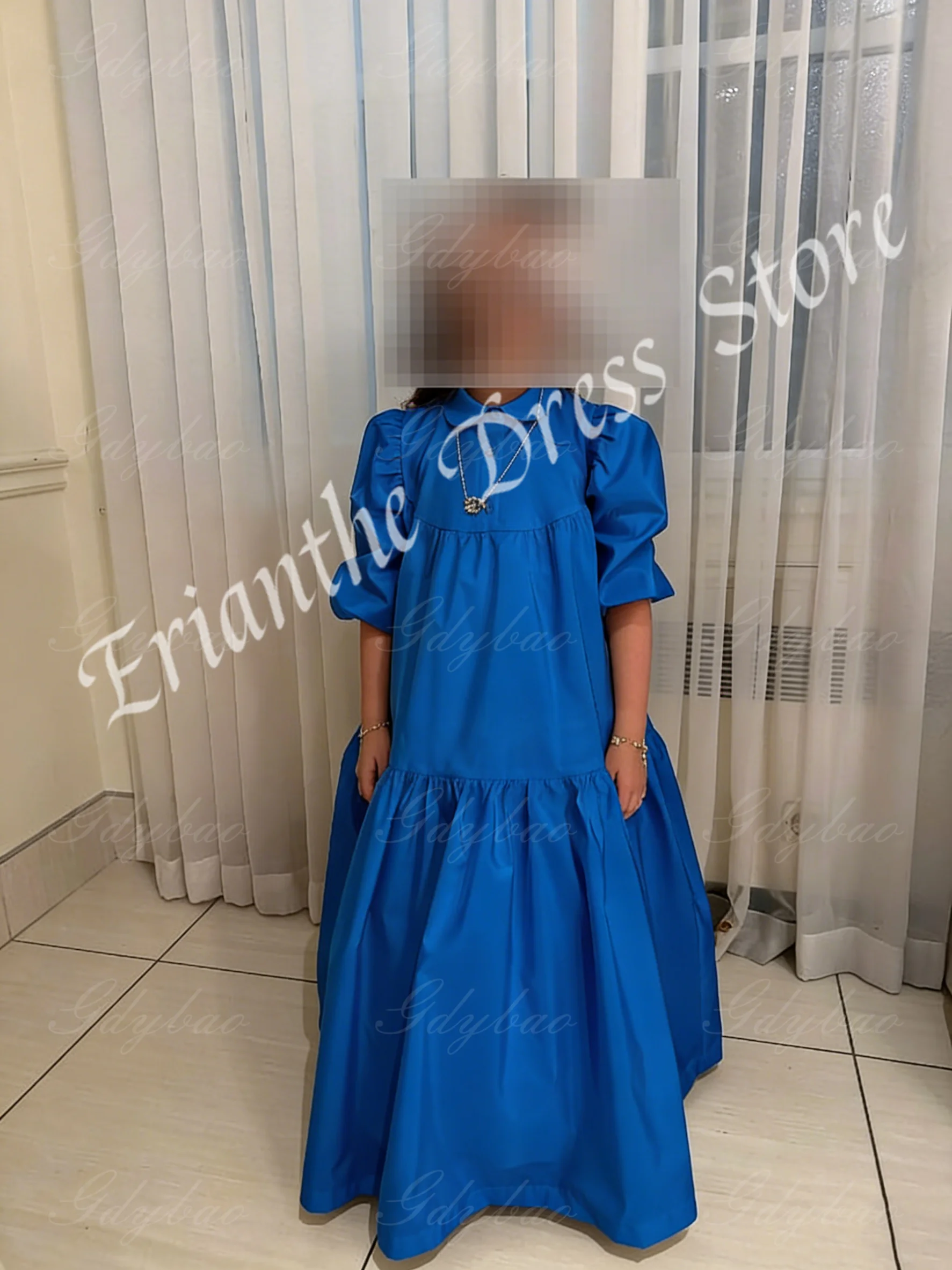 Robe à fleurs bouffante bleu Royal pour filles, pour mariage, demi-manches, taille haute, robe de bal pour fête d'anniversaire de première Communion, personnalisée
