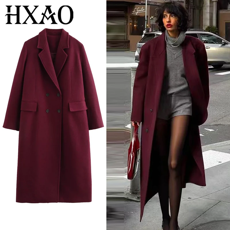 

HXAO Women's Coat Burgundy Tweed Jacket Autumn 2025 Wool & Blends Coats Red Long Sleeve Oversize Outerwears Korean Popular Coats