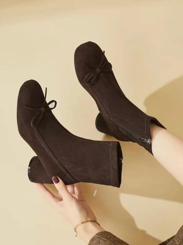 Women Bowknot Sock Ankle Boots Faux Suede Round Toe Block Chunky Mid Heel Side Zipper Elegant Fall Winter Fashion Casual Booties