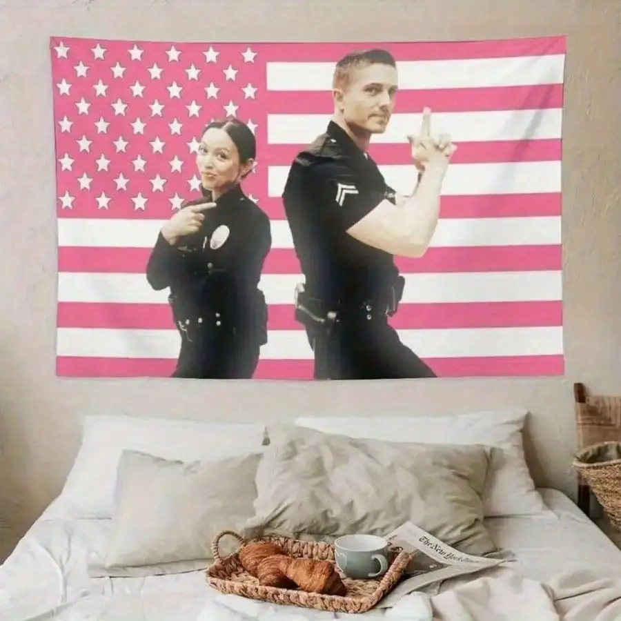1 Newlywed Lucy Chan & Tim Bradford Tapestry Poster - Pink American Flag Design, 100% Polyester, Interior Horizontal Wall Decor