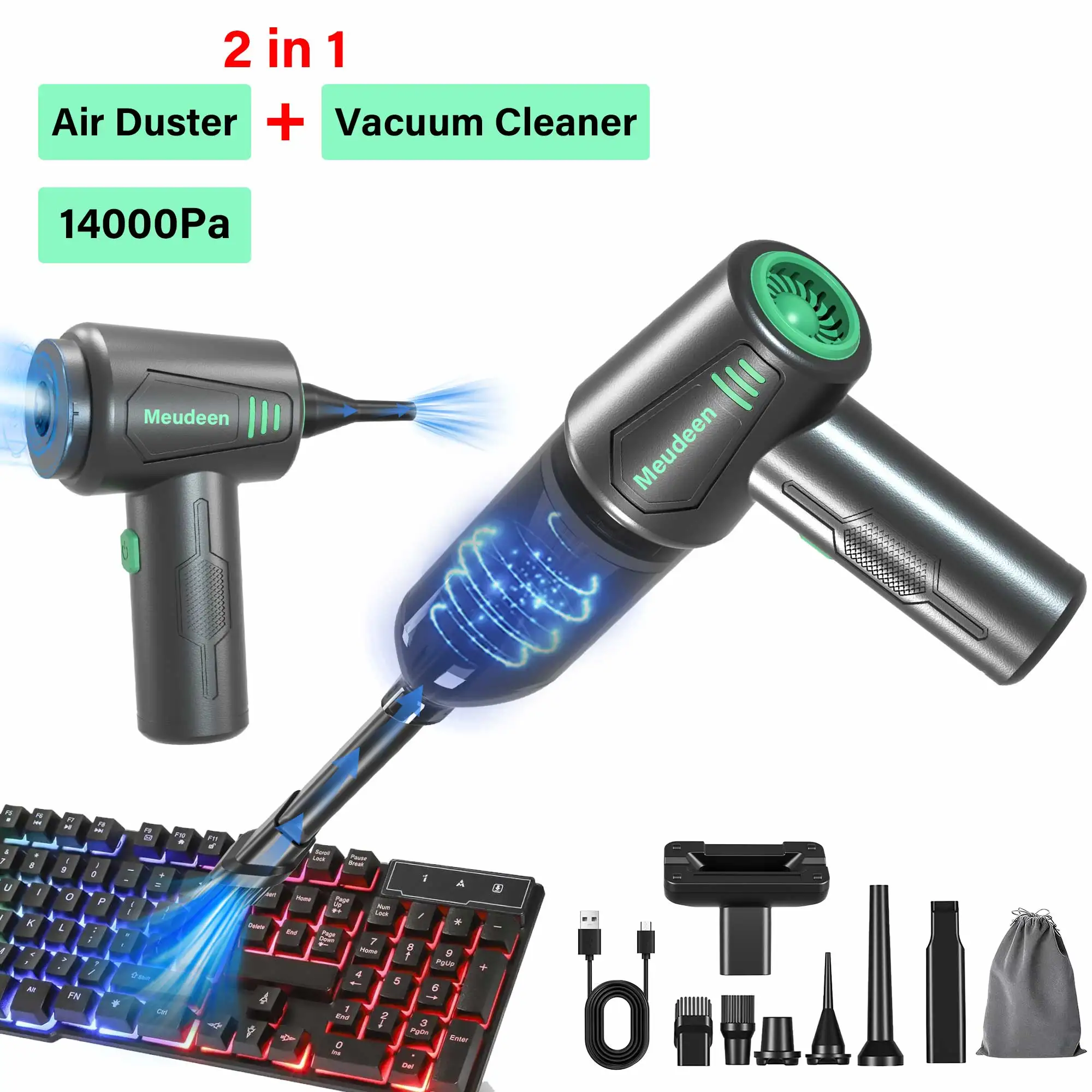 14000 Pa Wireless Vacuum Cleaner & Computer Air Duster 2 in 1, 80 Watt Mini Vacuum for dust cleaning of cars, keyboards, sofas