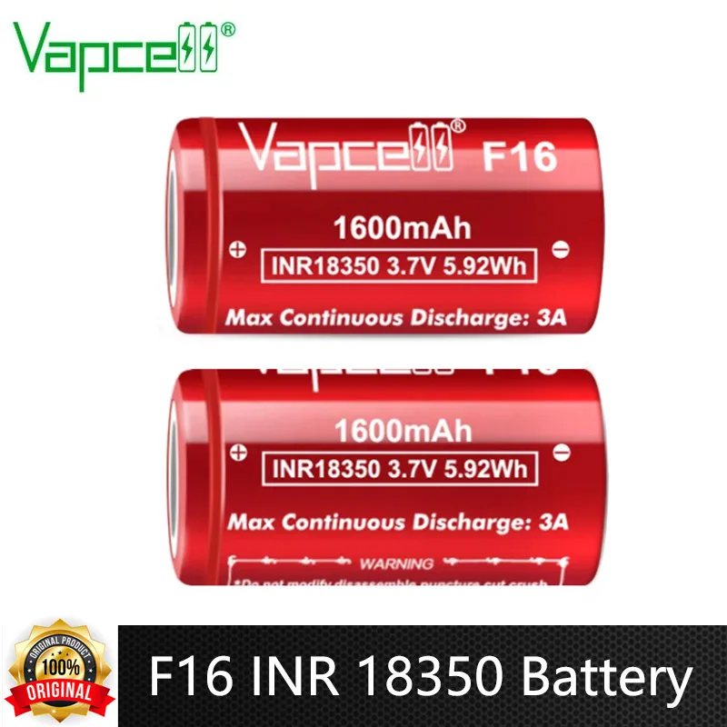 Original Vapcell F16 INR 18350 Battery 1600mAh 3A 3.7V Highest Capacity 18350 Lithium Ion Battery Flat Top For Flashlight Camera