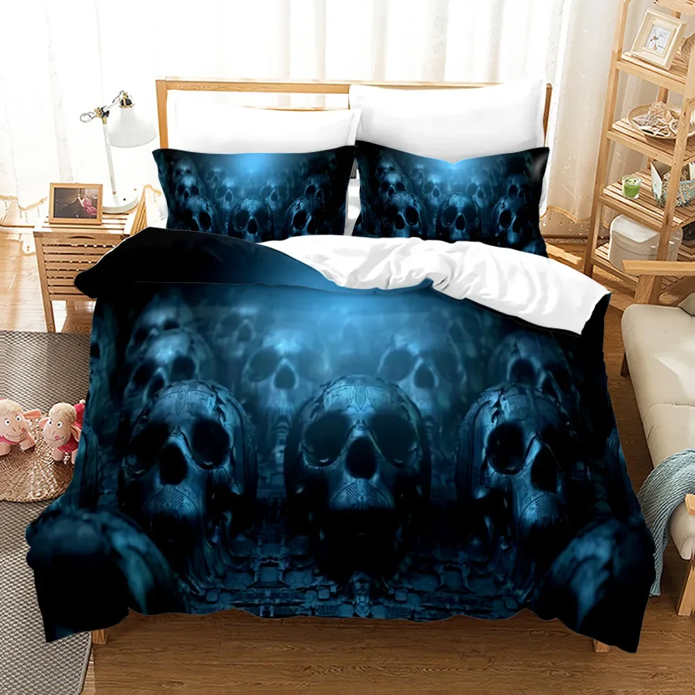 Skull Duvet Cover King/Queen Size,Halloween Scary Evil Death Theme Quilt Cover,Gothic Fog Smoke Skeleton Graveyard Bedding Set