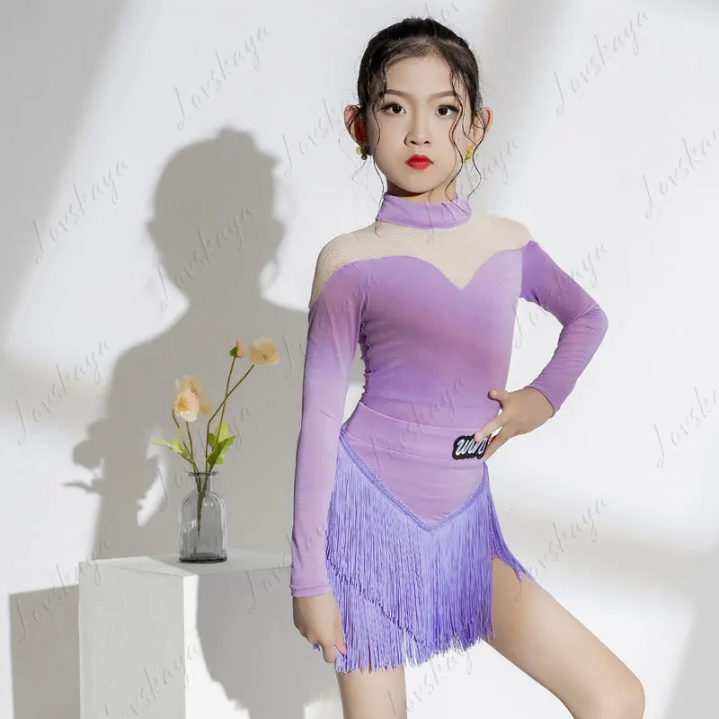 

Latin Dance Costume - Girls' Children's Long-sleeved Patchwork Training Suit for Practice, Stage Wear, Performance Attire