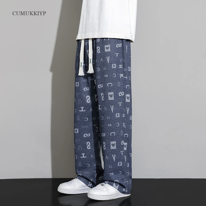 

CUMUKKIYP Casual Printed Wide Leg Jeans for Men with Elastic Waist and Drawstring