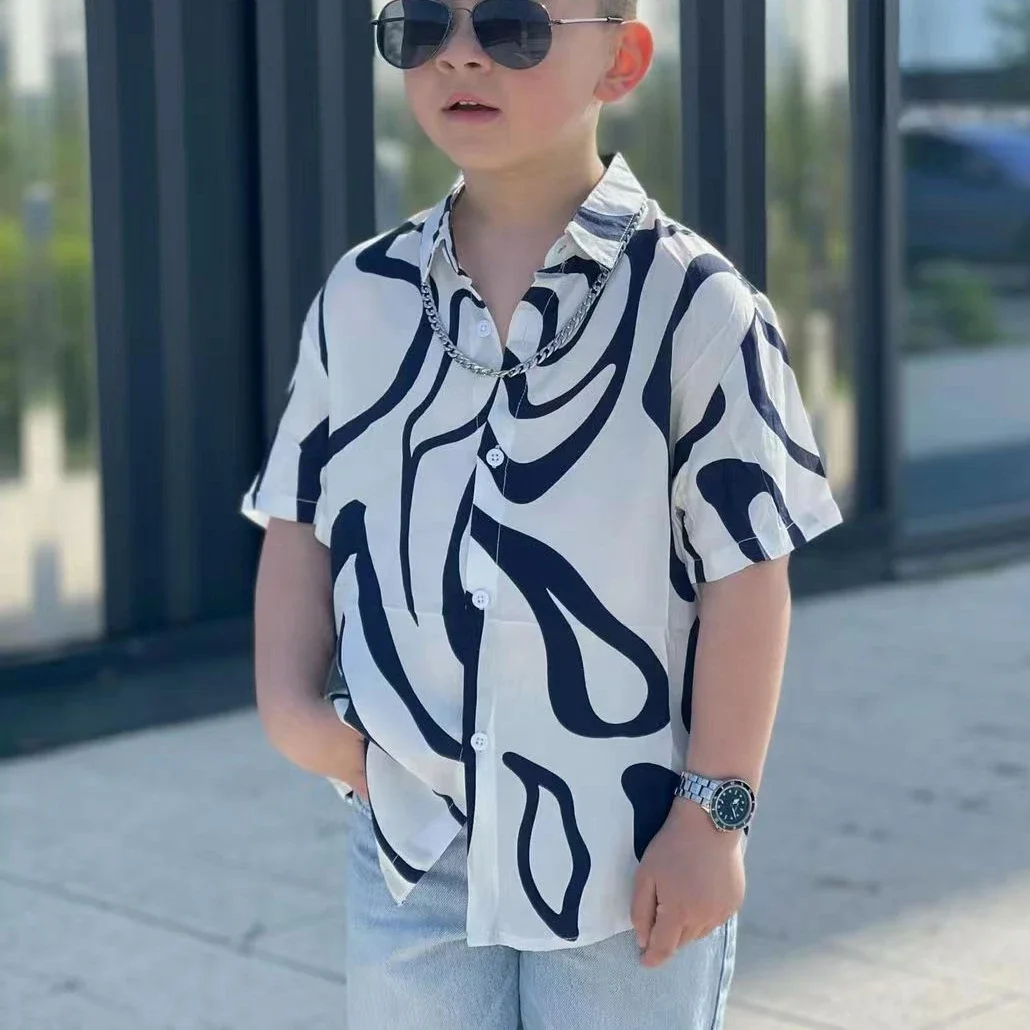 

New 2024 Summer Boys Fashion Short Sleeve Lapel Zebra Striped Shirt Tops Kids Children's Casual Clothing For 2-7 Years