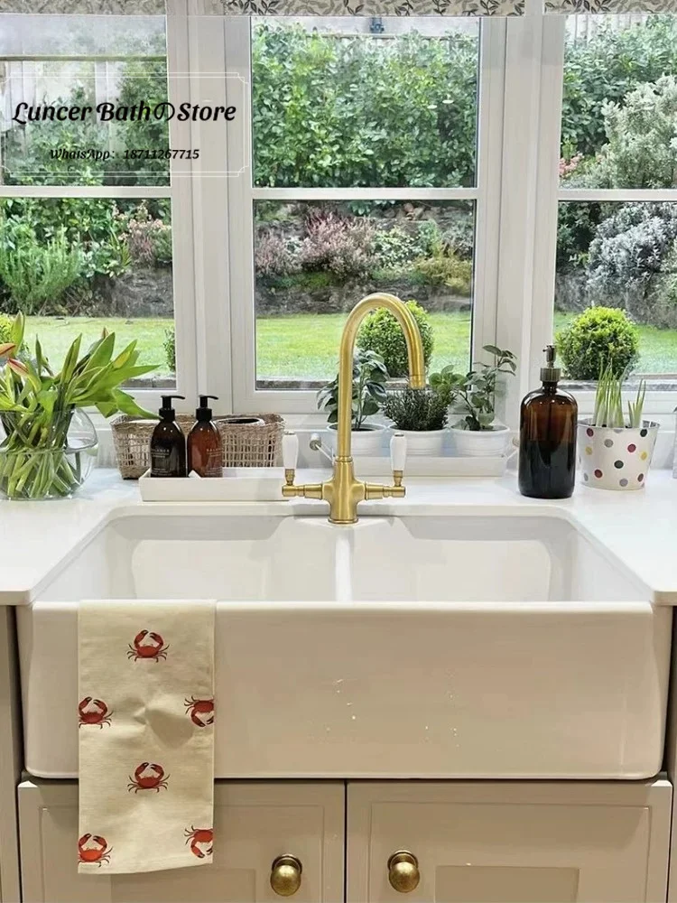 Oversized Deep Double Bowl Semi Recessed Ceramic Kitchen Sink Oil-proof Anti-splash Design For Family Daily Cooking Cleaning