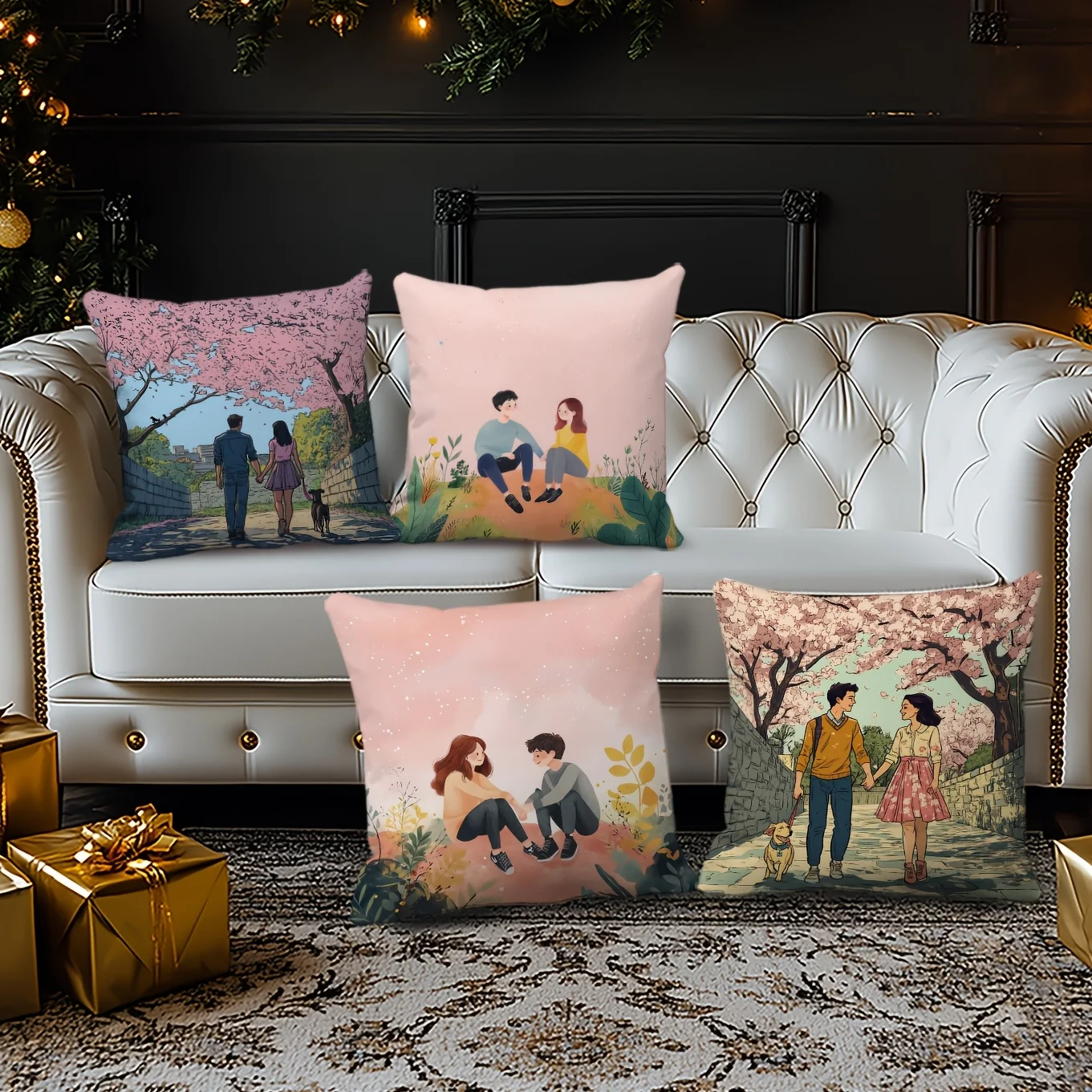 1pc Romantic Couple Outdoor Scenes Throw Pillow Covers, Cute Spring Lover Home Decor Cushion Cases for Bedroom Living Room