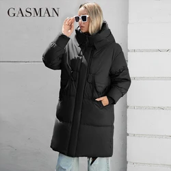 GASMAN 2024 Women down Jacket Long Classic zipper design Big Pocket Stand Collar Hooded Slim coat Women Parkas 88611