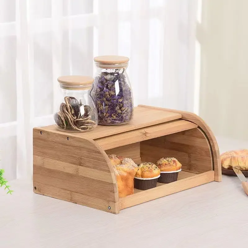 Wooden Bread Box Compact Rolltop Bread Bin Storage Container Eco-Friendly Organizer 40x24x17cm