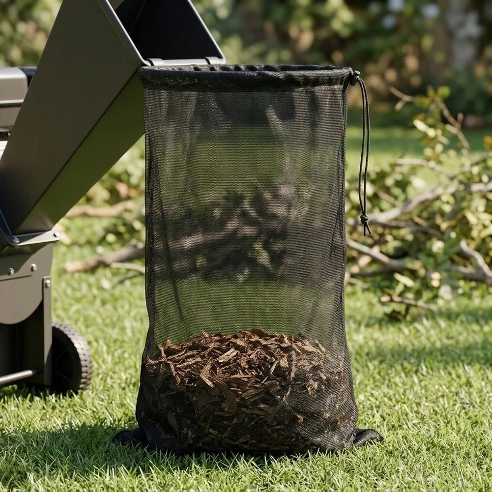 Yard Debris Catch Sack Garden Branch Crusher Mesh Discharge Pouch With Drawstring Heavy-Duty Garden Waste Collecting Accessory