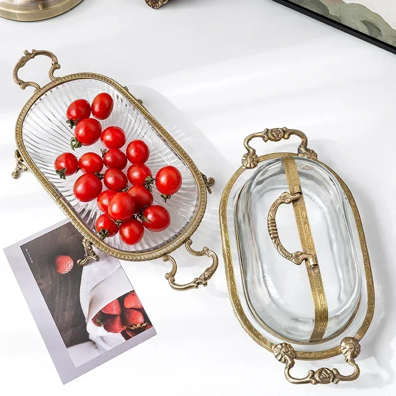 

High Quality Brass Glass Tray Fruit Dim sum Dried Fruit Storage Tray Bedroom Tea Table Jewelry Aromatherapy Tray