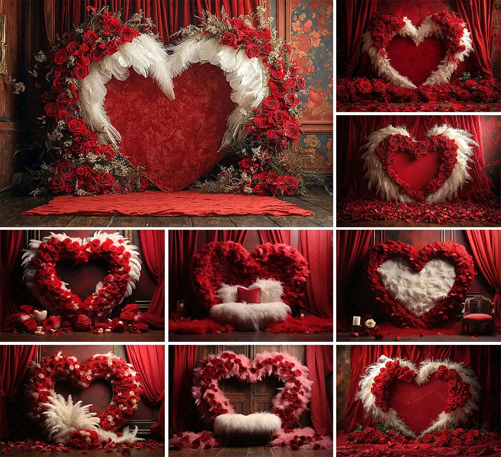 Mehofond Photography Background Valentine's Day Red Floral Love Heart Feather Kids Birthday Portrait Decor Backdrop Photo Studio