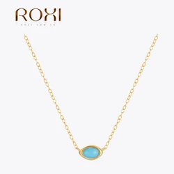ROXI-collar con colgante de plata de ley 925 para mujer, cadena de clavícula, elipse Natural turquesa, joyería delicada para fiesta de boda, regalo