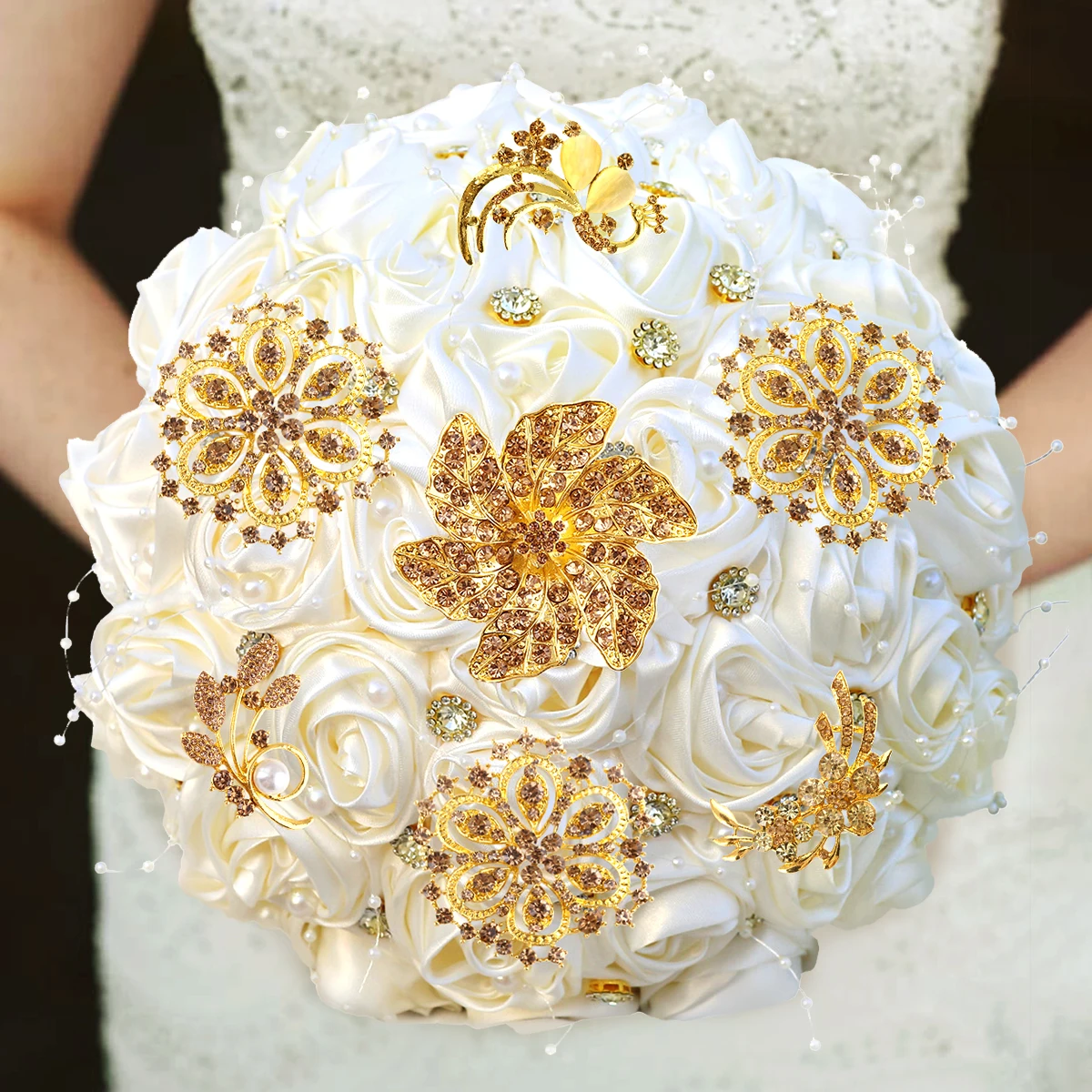 Cream gold rhinestone Pearl simulation flower Rose Roll Bride wedding bouquet Wedding bridesmaids bouquet W814