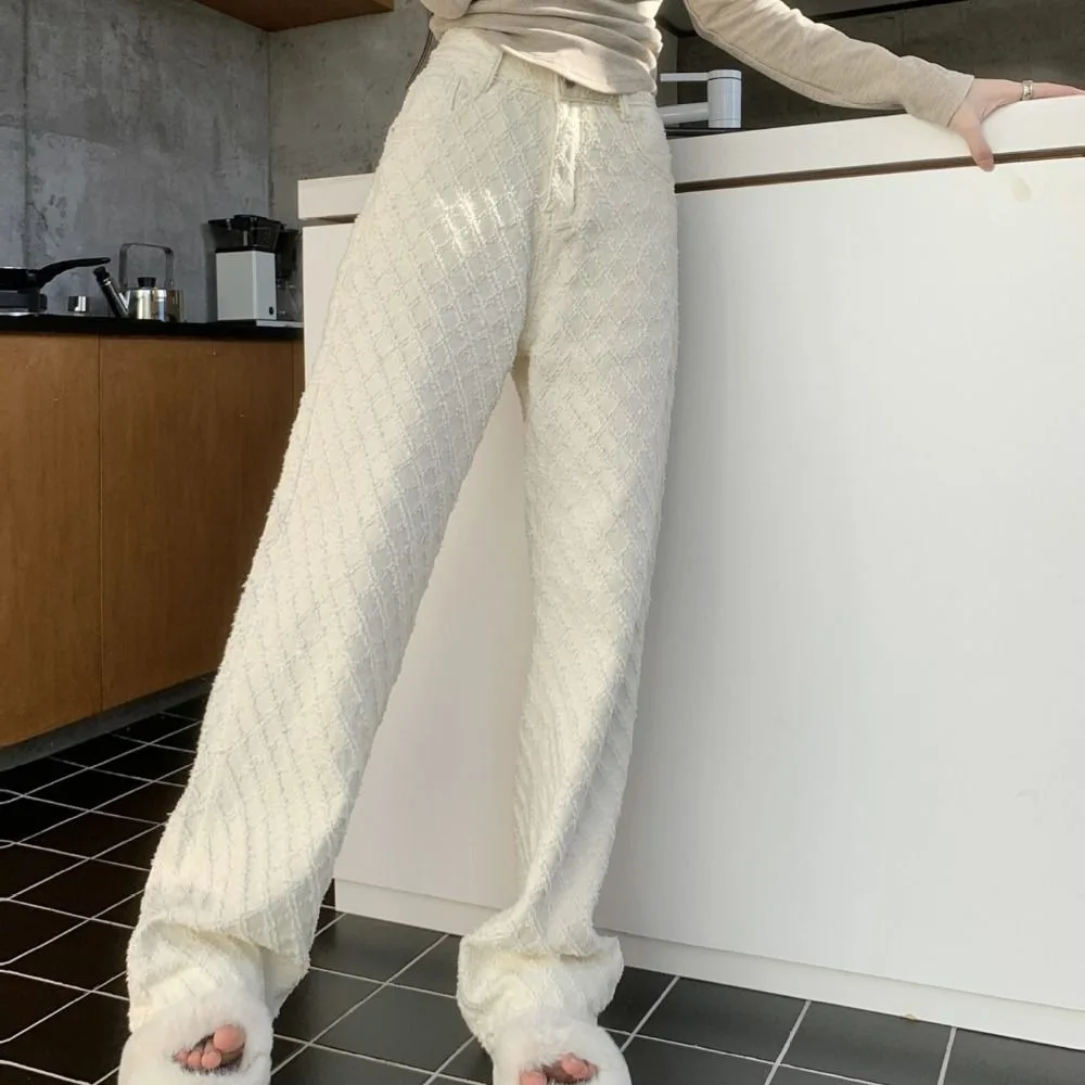 جينز شبكي بسيط من قماش الدنيم جينز كوري فضفاض للنساء Y2k سروال مستقيم الساق عالي الخصر ملابس الشارع #4