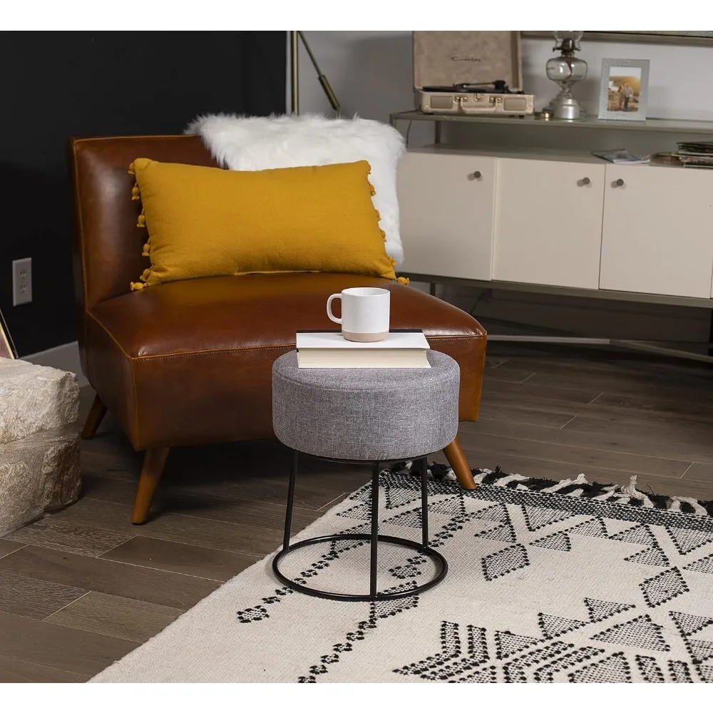 مسند للقدمين من الكتان - كرسي منجد بأرجل معدنية سوداء - مقعد دائري مبطن ناعم لغرفة المعيشة